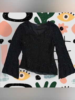 Jkara | Vintage Beaded Asymmetrical Hem Bell Sleeve Top